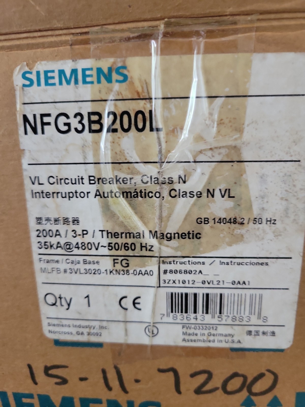 Siemens NFG3B200L Breaker