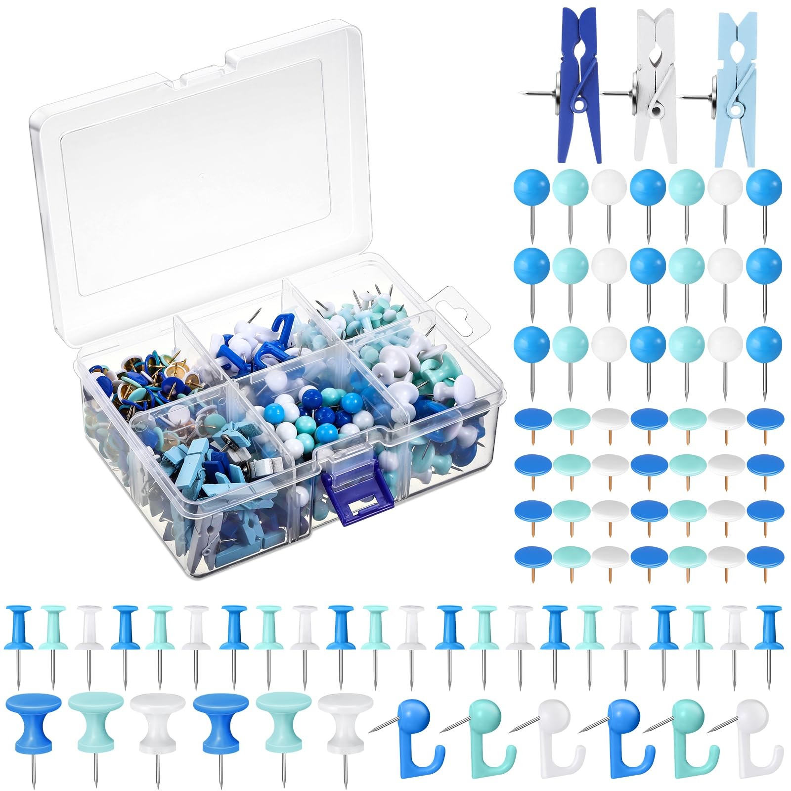 600 Pcs Decorative Push Pins, White Blue Thumb Tacks 6 Types Cute Push Pin Cl