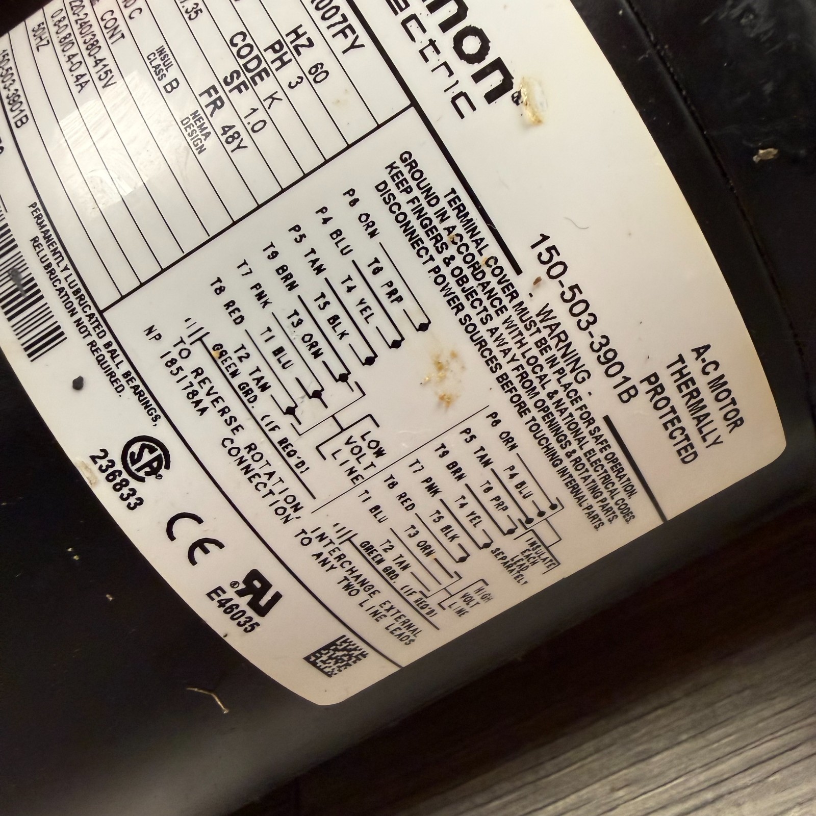 Marathon 5K38DNA001FY 1/5HP 1725RPM 3Ph 48Y AC Motor Hobart CRS66A 150-503-3901B