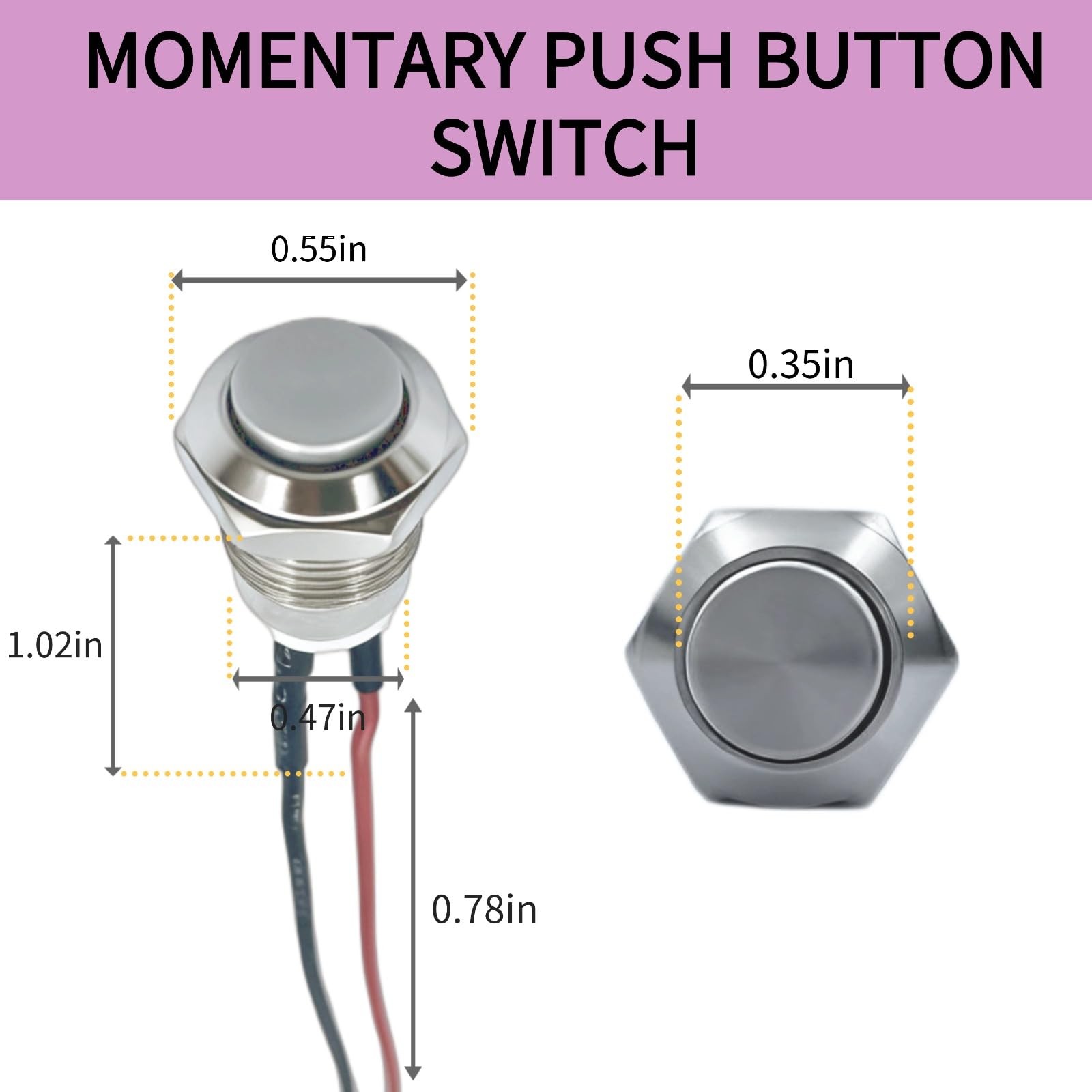 12mm Momentary Push Button Switch, Waterproof Metal High Head, Pre-Wired