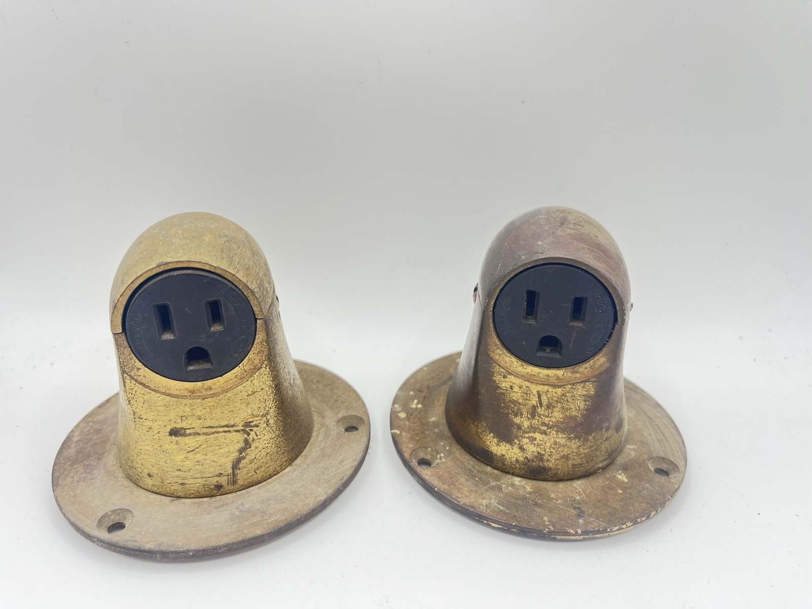Vintage Russell & Stoll Brass Flush Mount Electrical Receptacle Outlet Pair