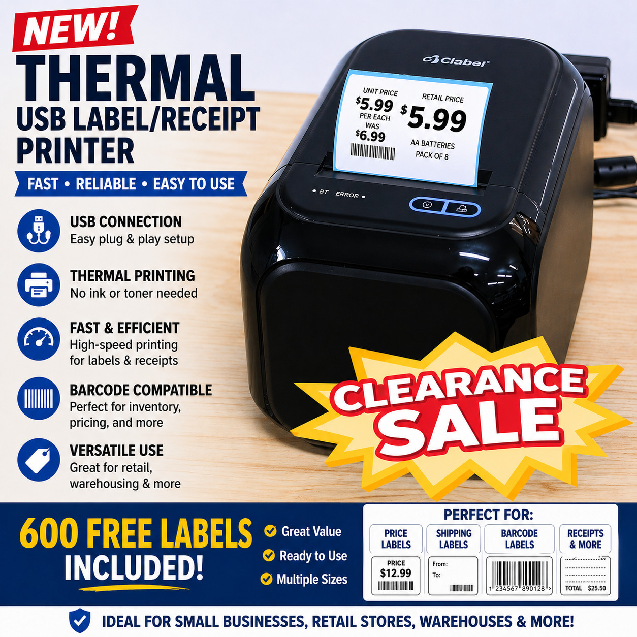 NEW Thermal USB label/receipt printer 600 FREE Labels Inventory Control Barcode