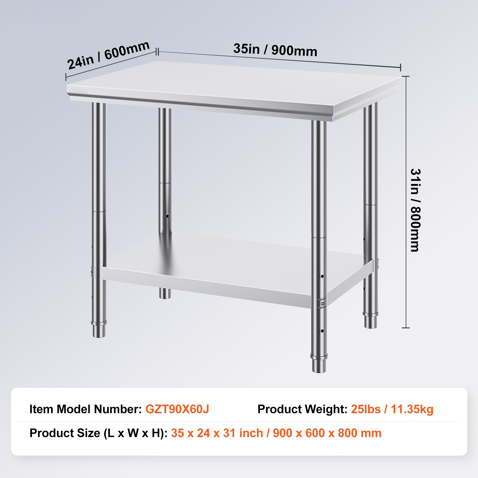 Uimoso Stainless Steel Commercial Prep Table for Kitchen, 90x60x80 cm