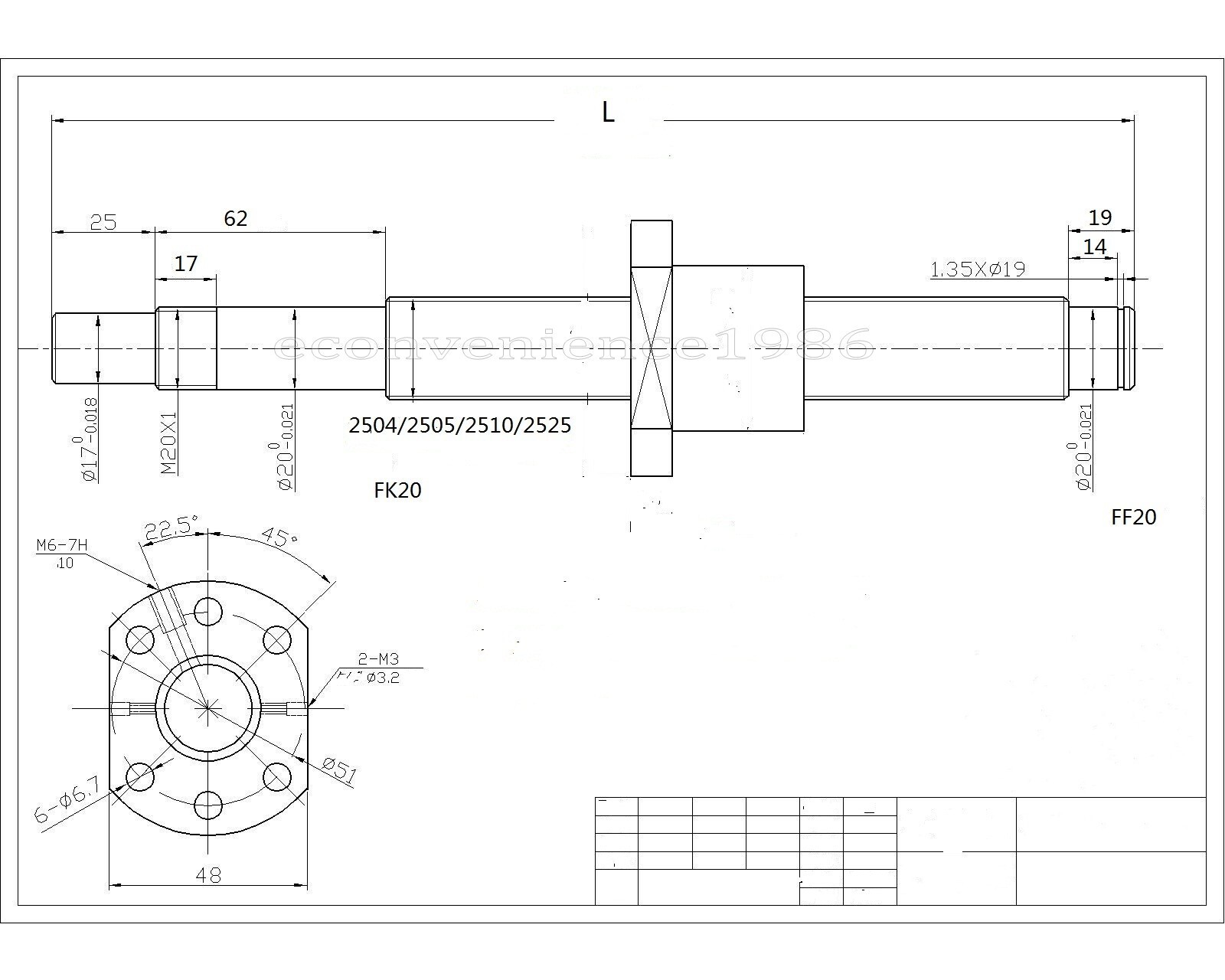 1 pcs SFUL2505–800mm Left Hand Ballscrew & BF20/BK20 Machine end CNC