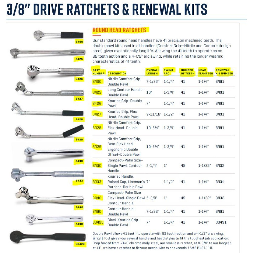 Wright 3440 3/8″ Drive Compact Flex Head Ratchet Chrome Contour 45 Teeth 5-3/4″