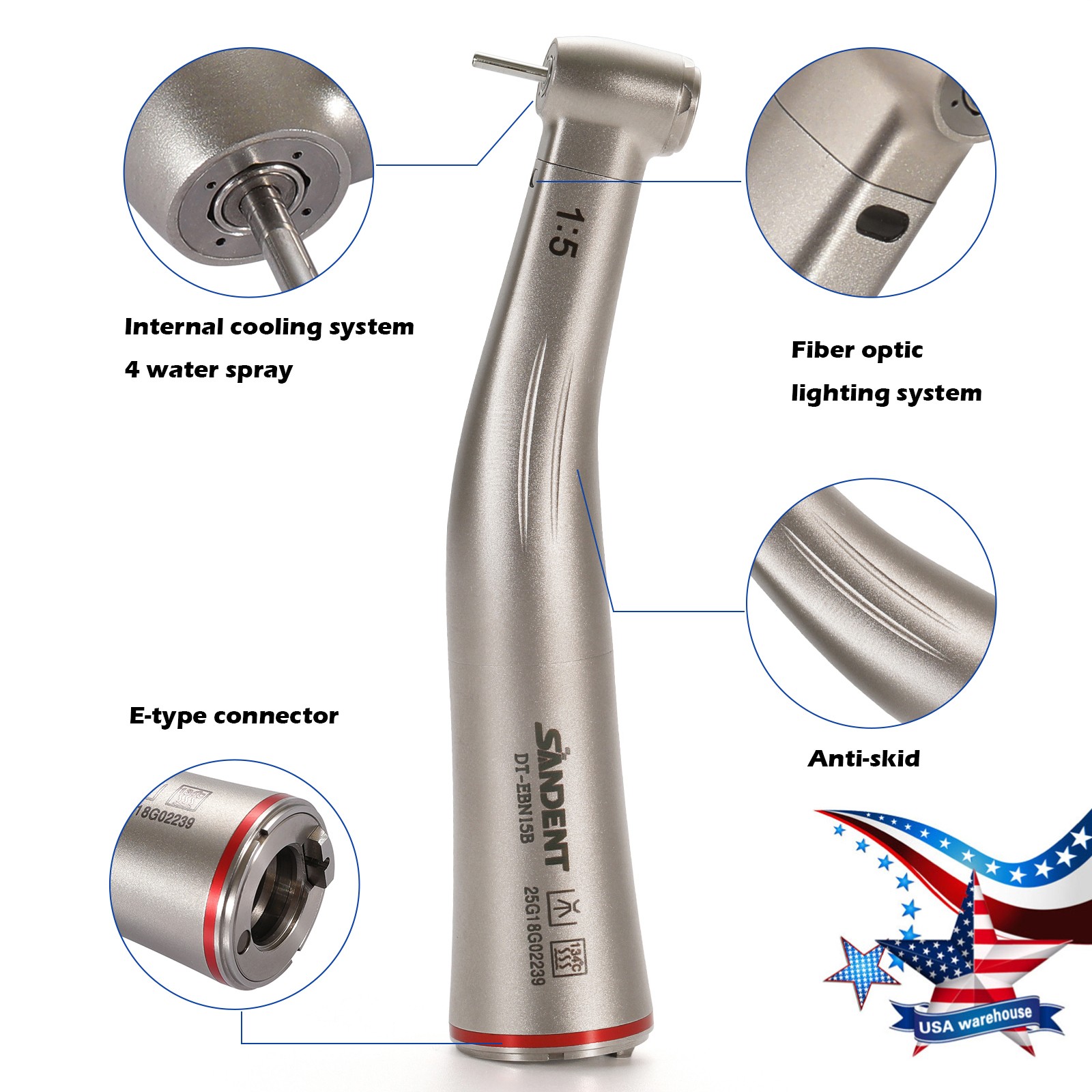 Dental 1:5 Contra Angle Fiber Optic LED Low Speed Handpiece Standard Head
