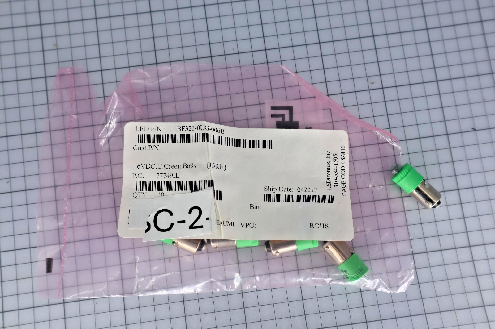 *Lot of 5* Ledtronics BF321-0UG-006B Single Color LED, Lime Green, T-3 1/4, 9mm