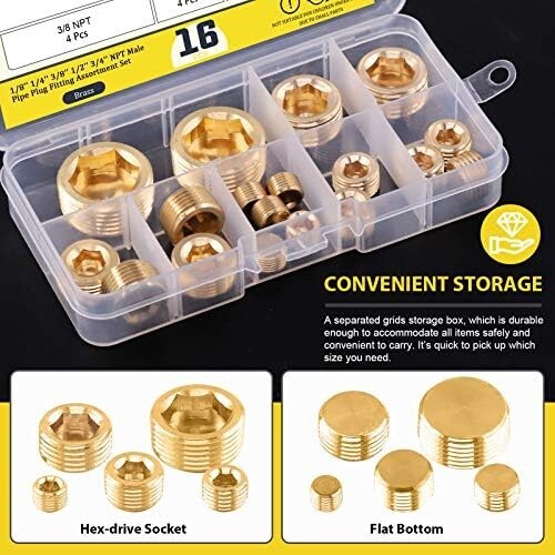 16Pcs Brass NPT Plug Assortment Kit 5 Sizes1/8″ 1/4″ 3/8″ 1/2 «3/4» Internal hex