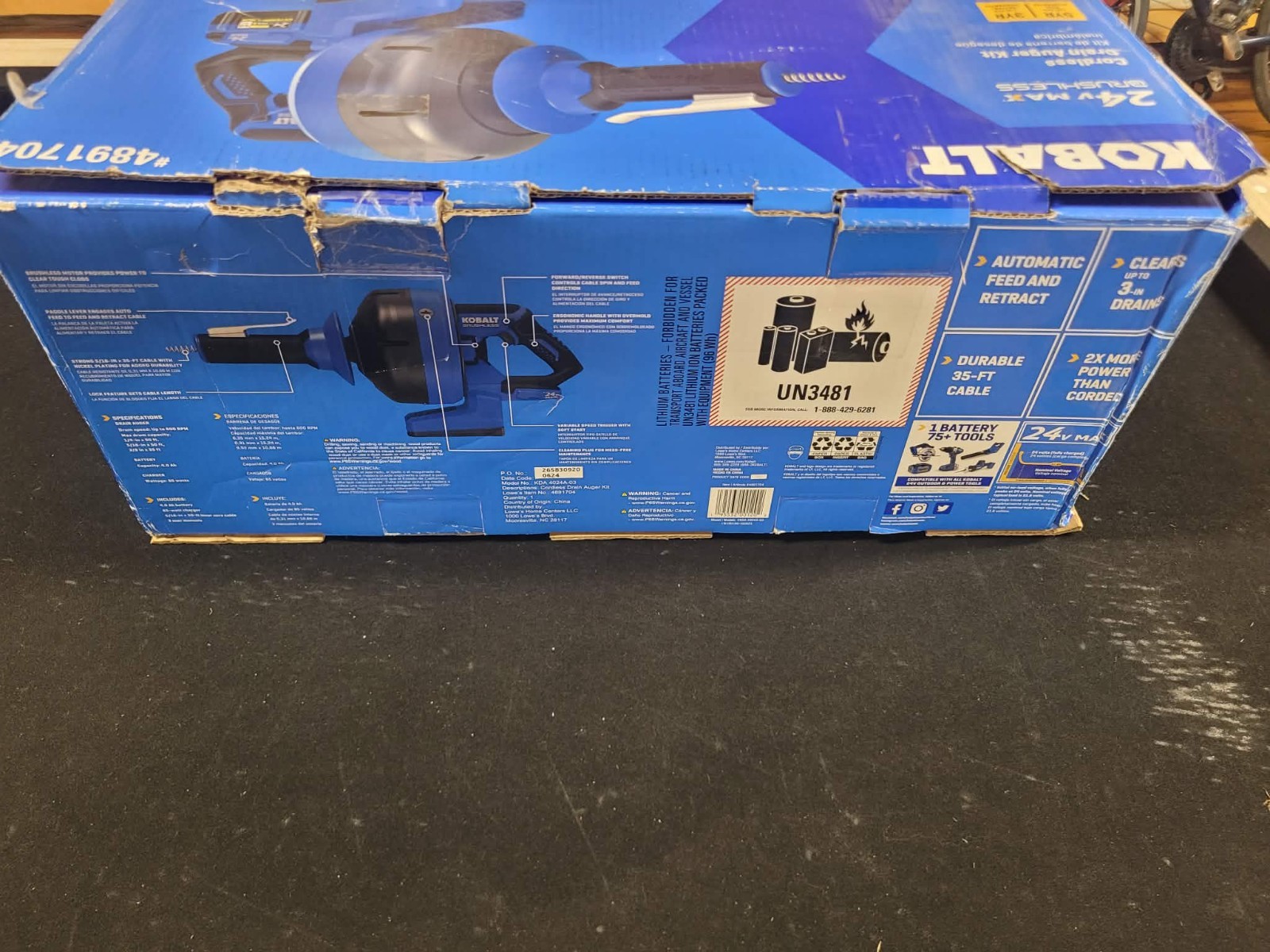 New Kobalt 24v Cordless Drain Auger Kit with 85 Watt Battery & Charger 4891704