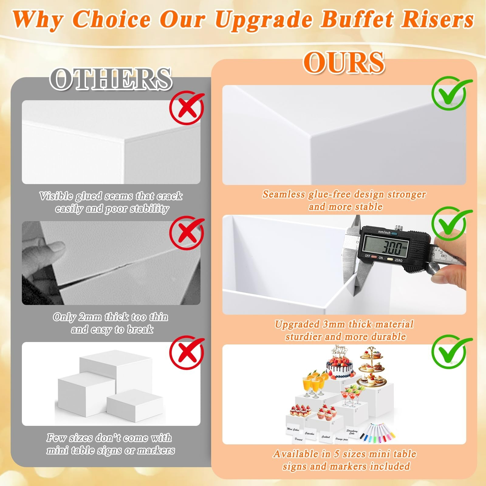 6 Pcs White Acrylic Buffet Risers with Mini Sign and Maker, Food Display Stands