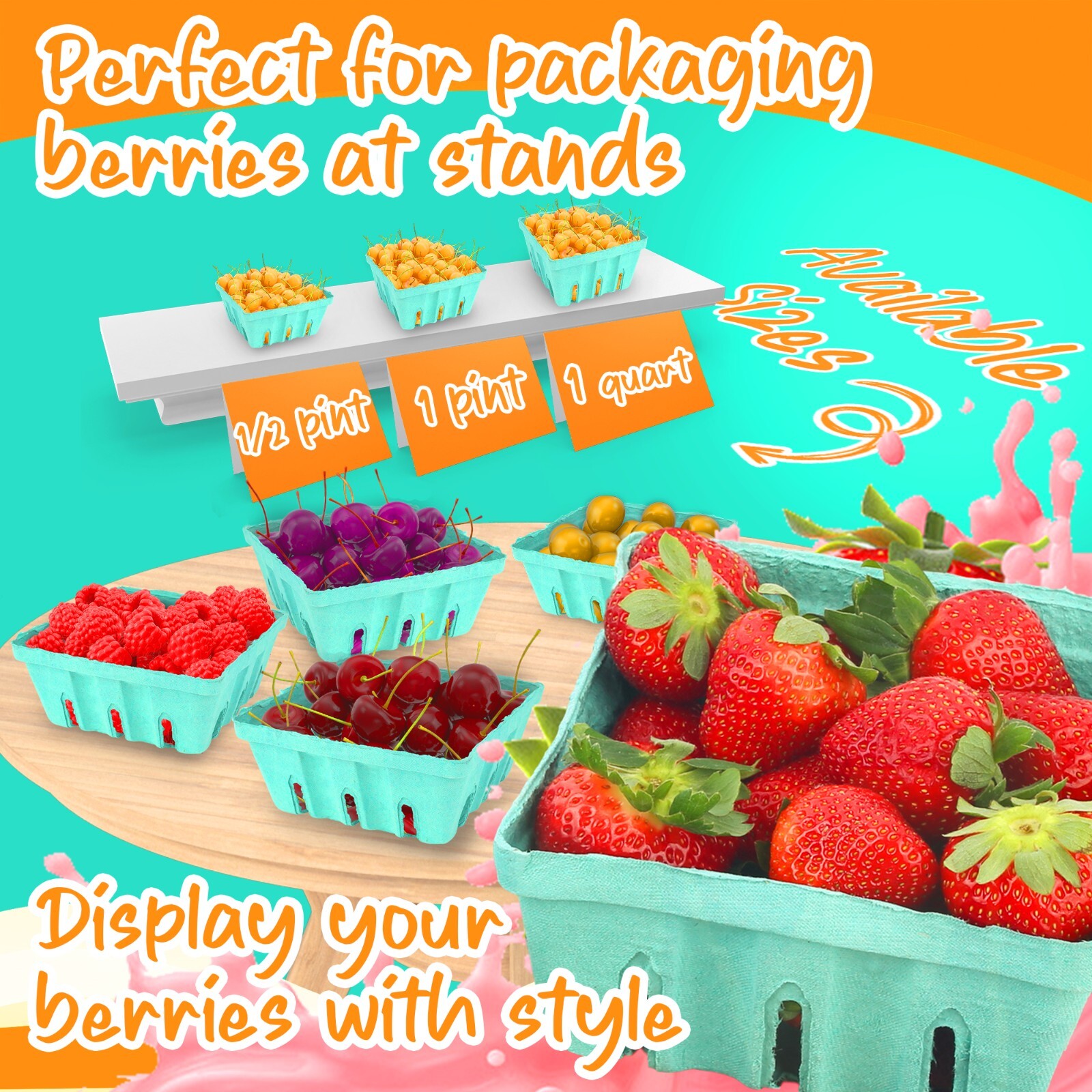 MT Products 1/2 Pint Green Molded Pulp Fiber Vented Berry Baskets – Pack of 15