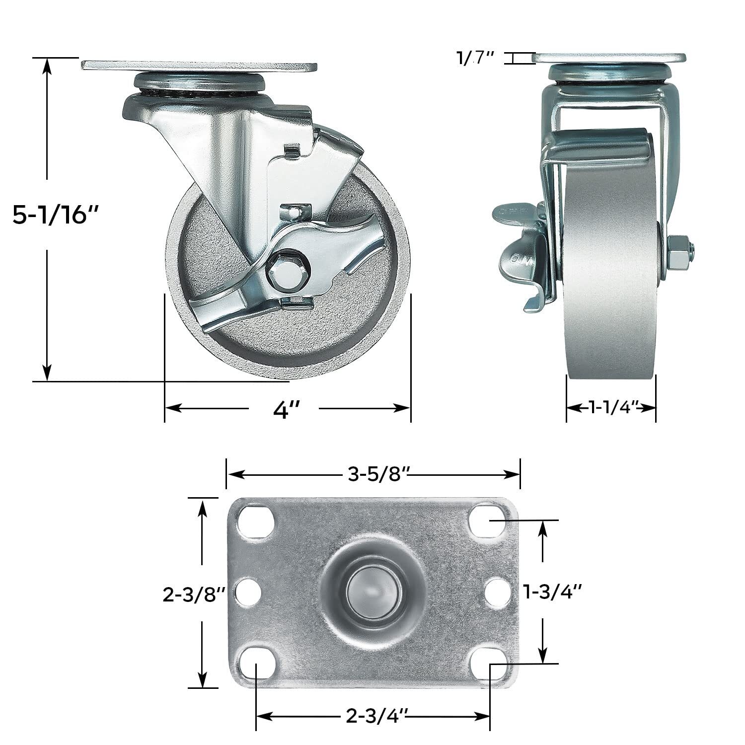 4 inch Industrial Casters- Semi Steel Cast Iron Swivel CastersCapacity400-1600LB