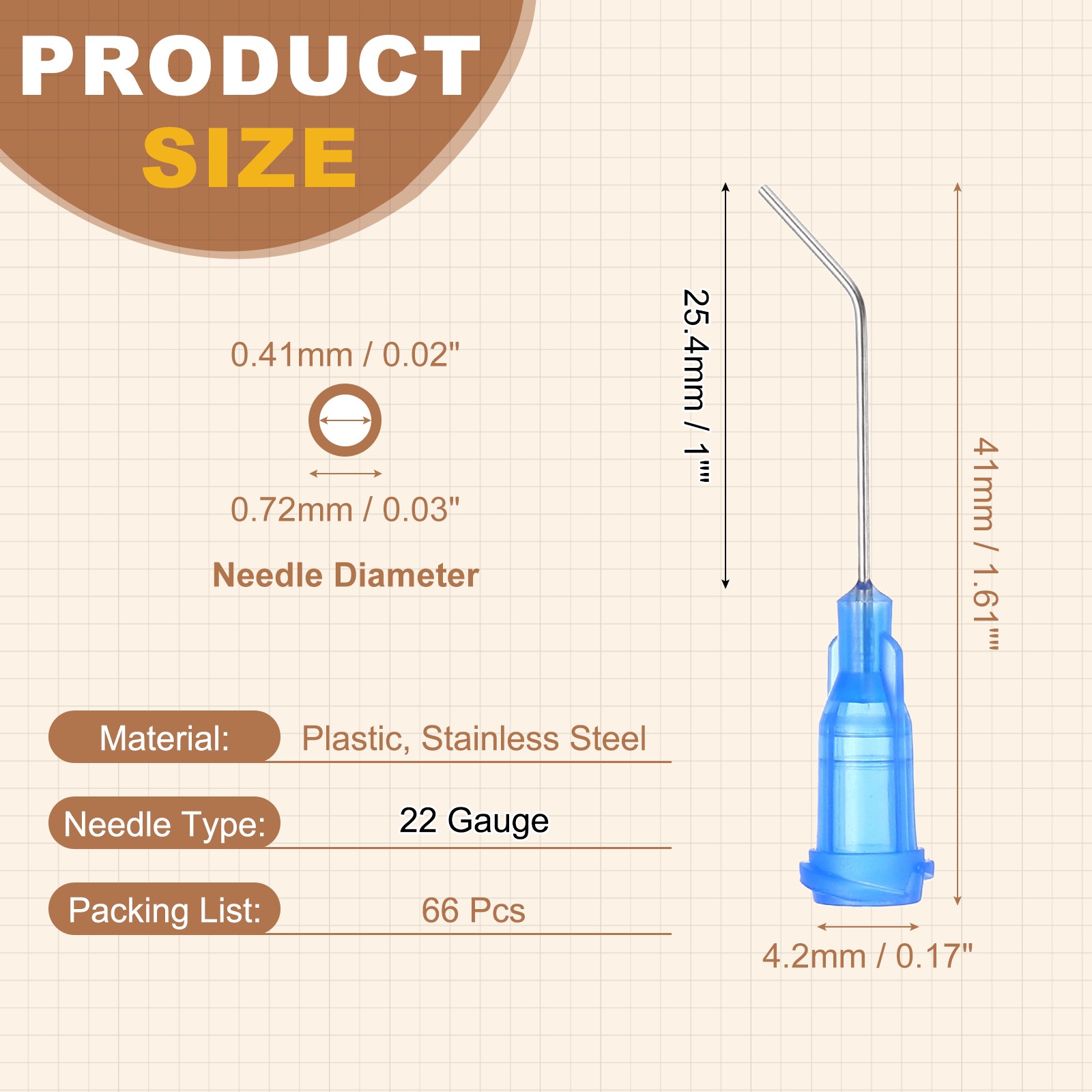 66Pcs 1Inch 22Ga 45° Angled Dispensing Needles, Blue