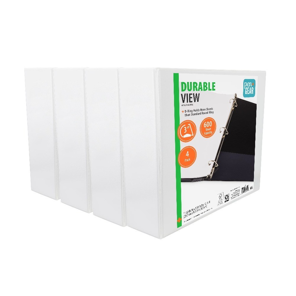 3-Ring Binder 3 Inch 4-Pack White Durable View Binders
