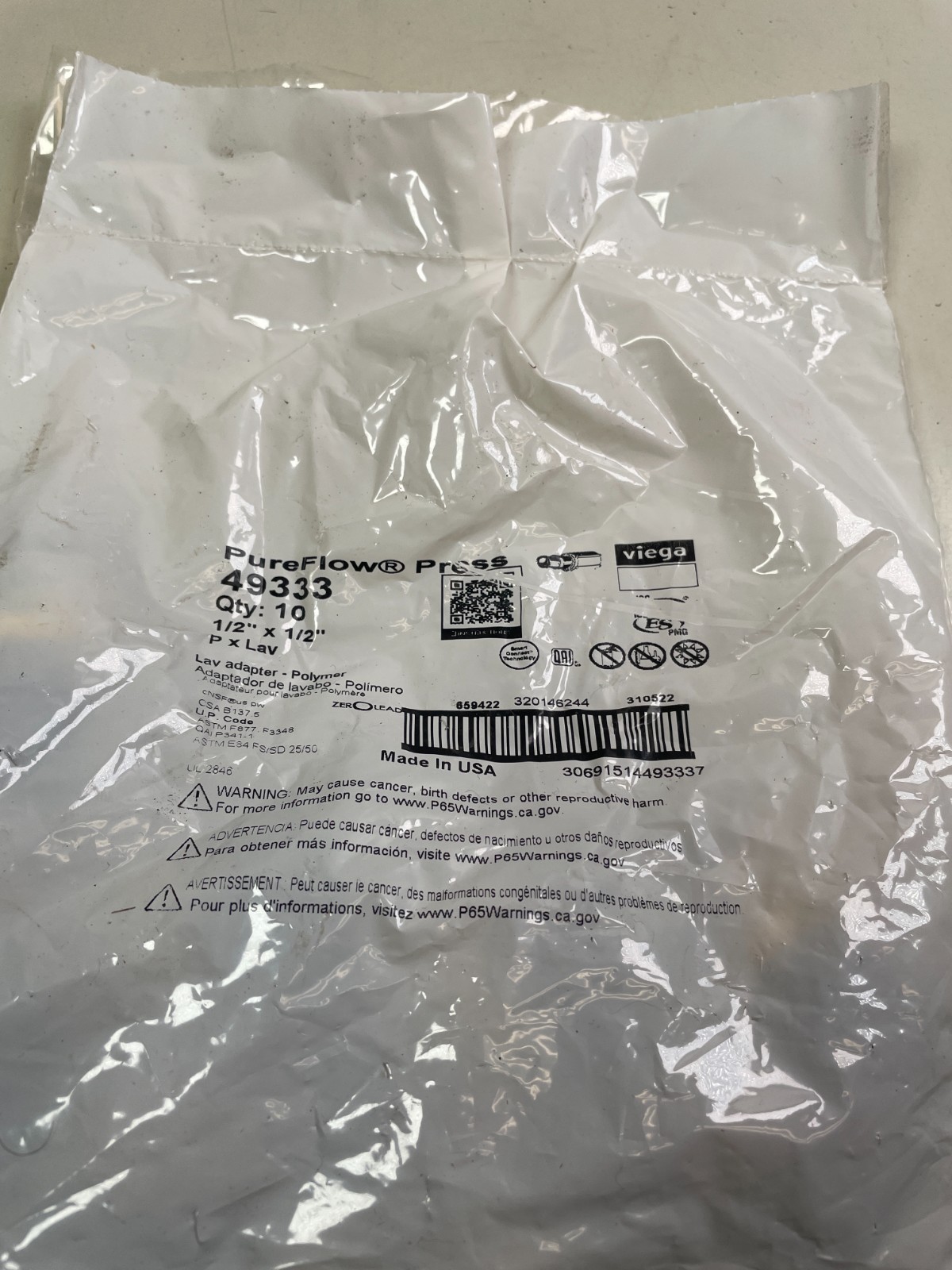 Viega PureFlow 49333 1/2″ x 1/2″ Polymer x Lav Adapter (Bag of 10 Pcs)