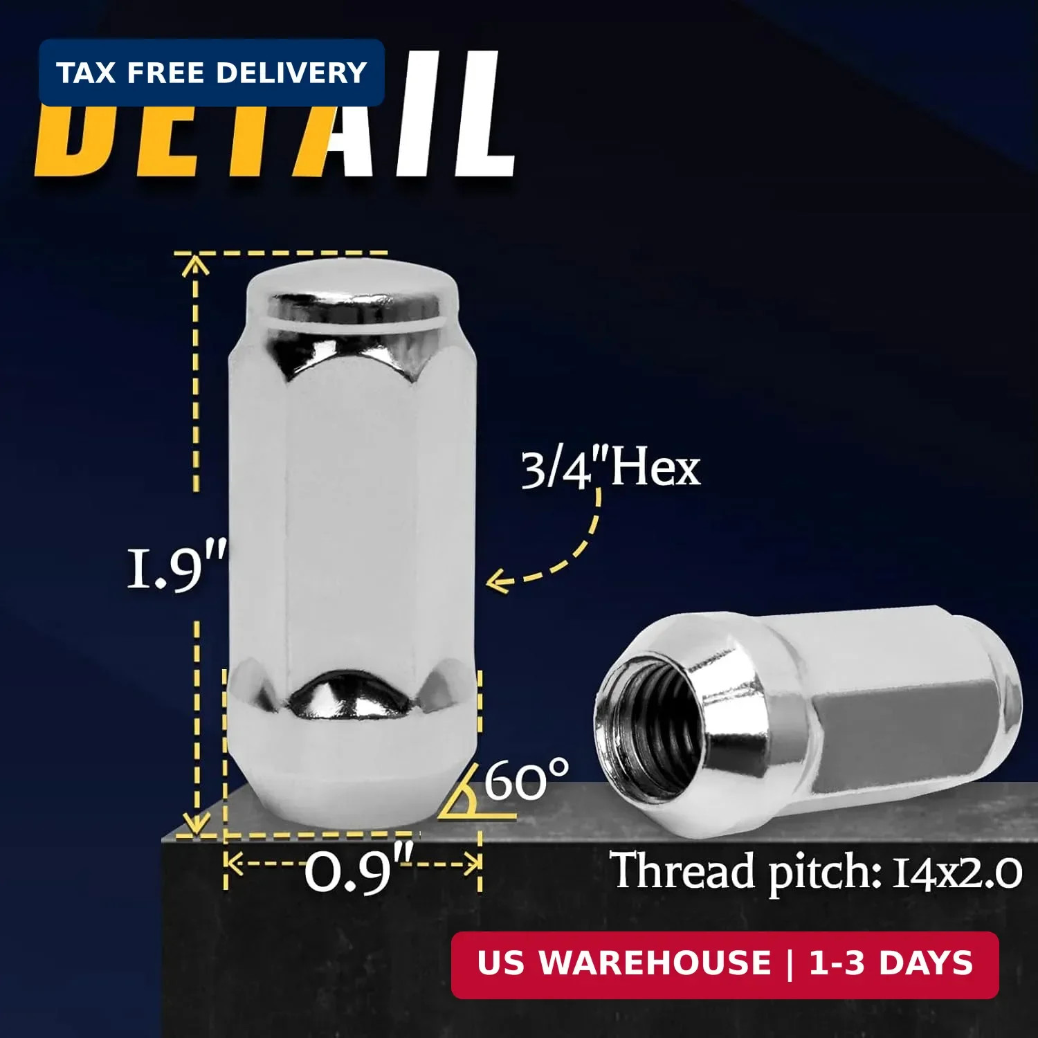 Set of 24, 14×2.0 Lug Nut 1.9″ in XL Chrome Bulge Acorn Compatible with 2004-201
