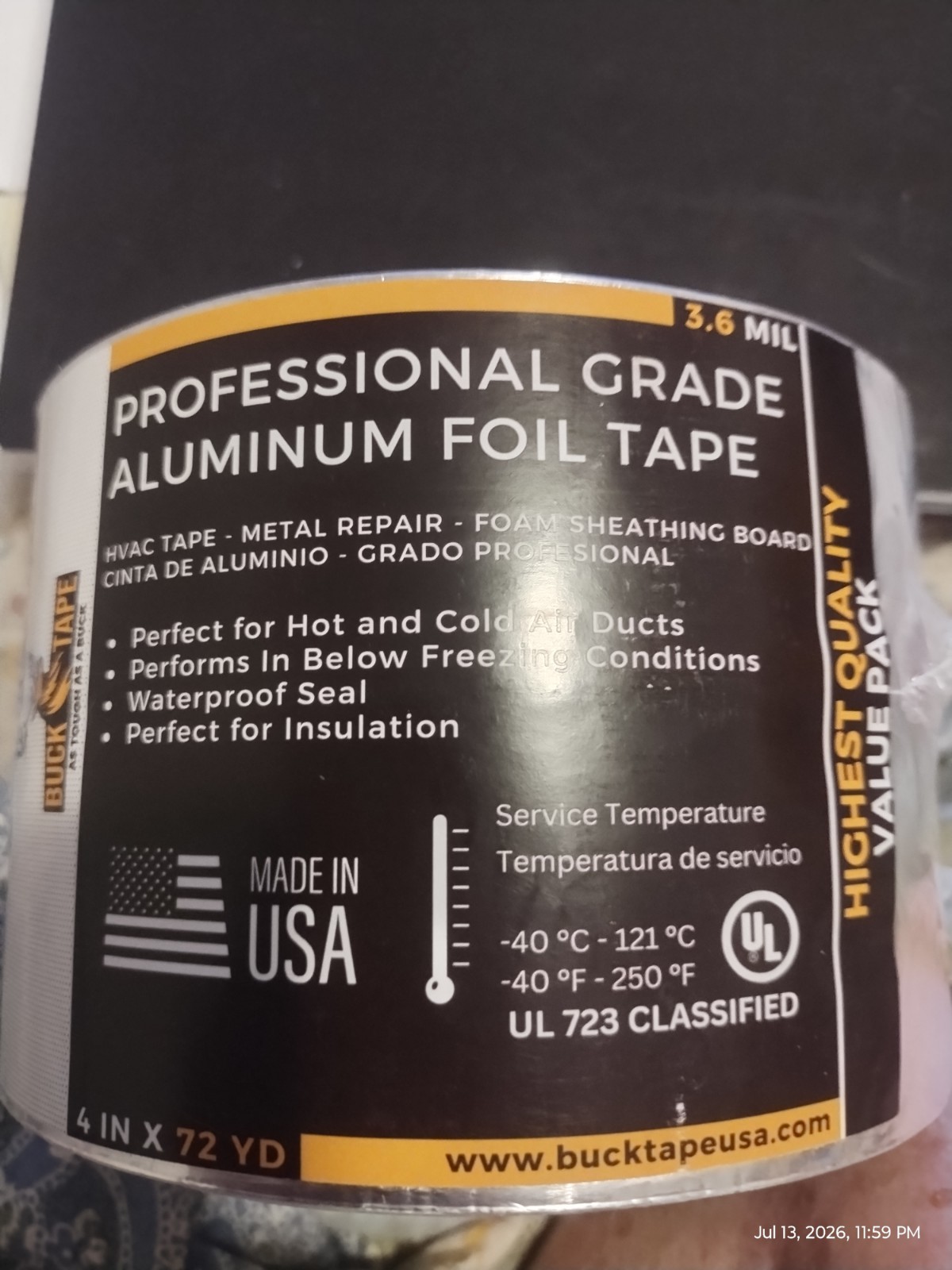 Buck Pro Aluminum Foil Tape 4 Inch x 72 yd, 3.6 Mil – HVAC Tape for Ductwork
