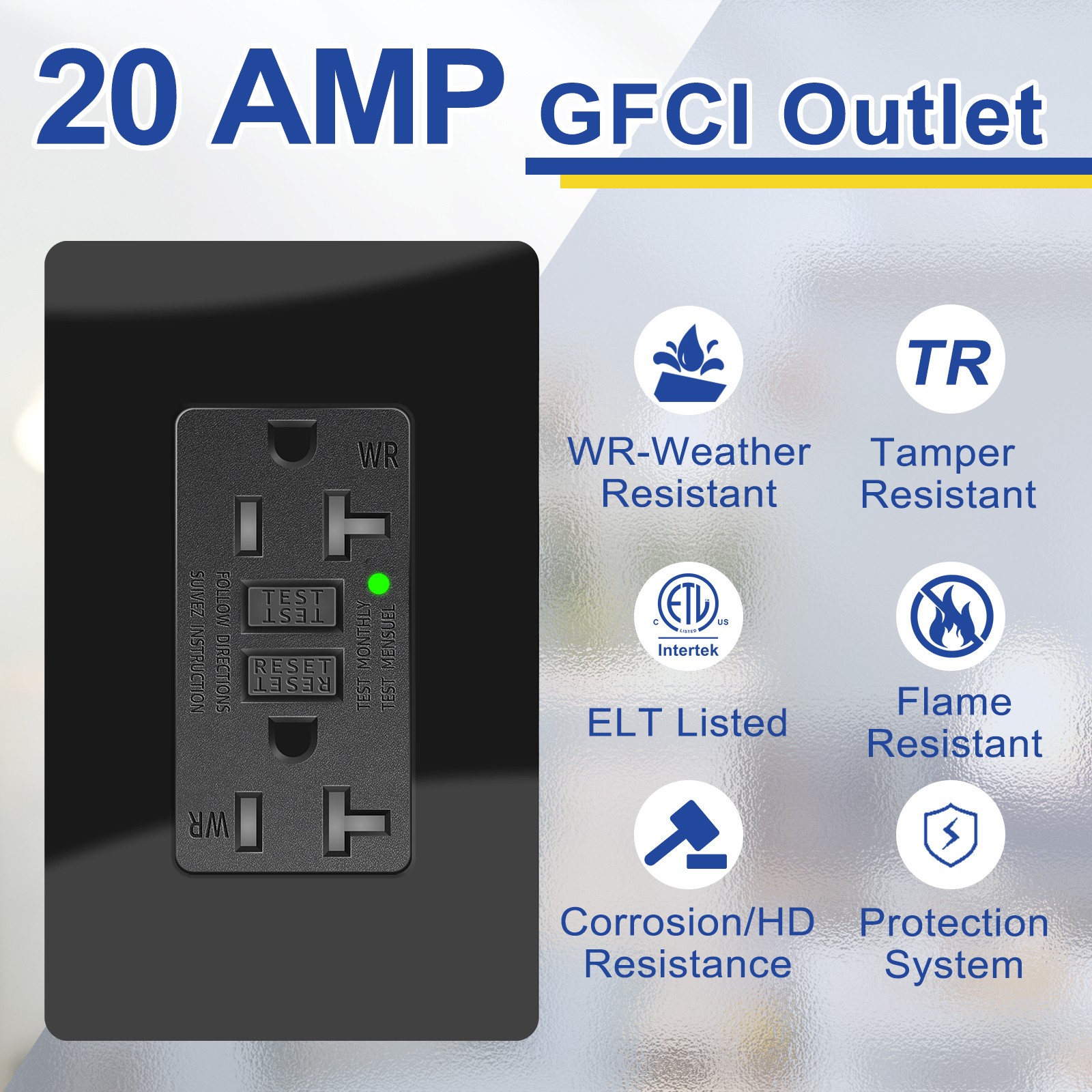 15 Amp GFI GFCI Outlet LED Indicator Tamper-Resistant Outside Receptacles Black