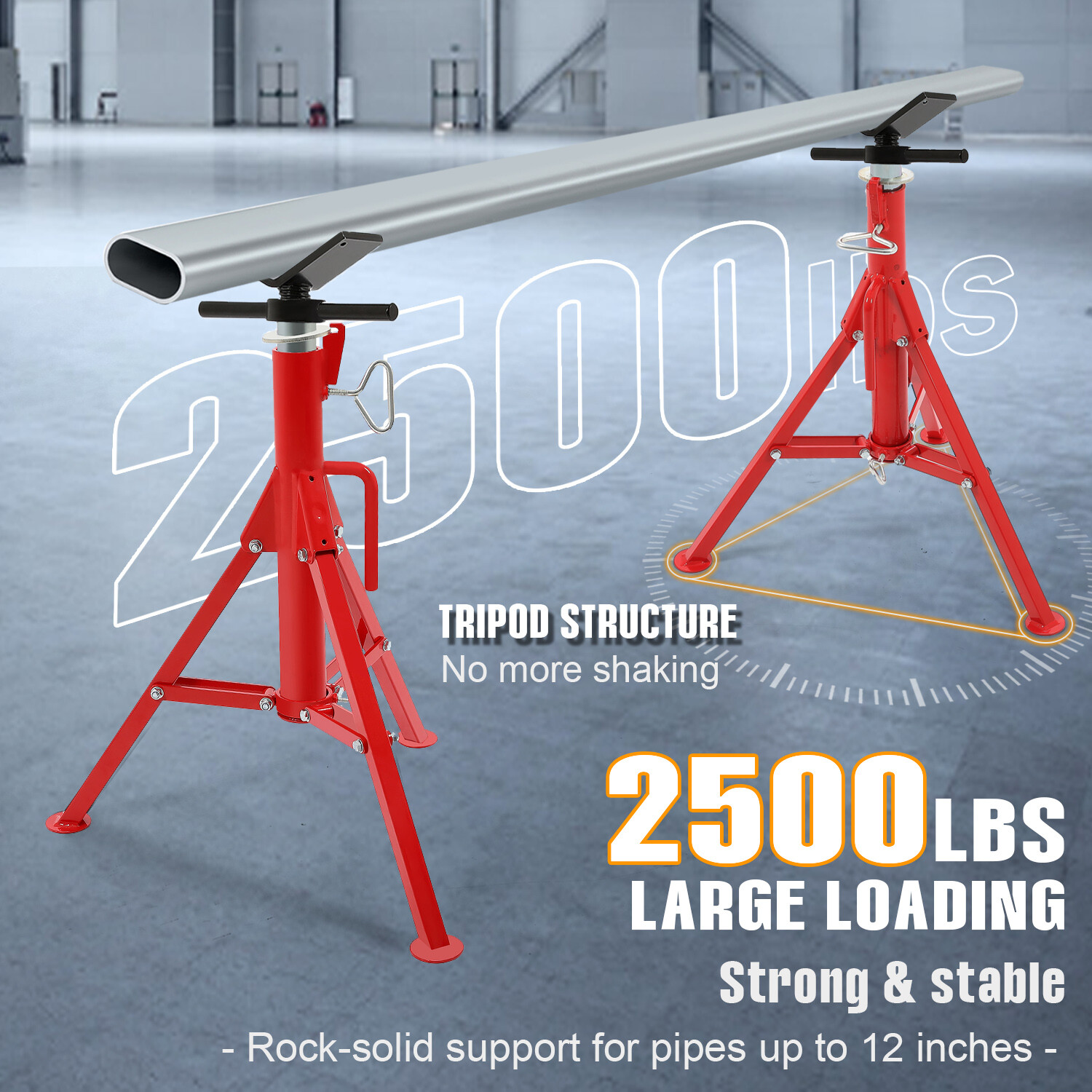 V-Head Pipe Stand Folding Tripod Jack 28″-52″ Height 12″ Pipe 2500LB Steel Red