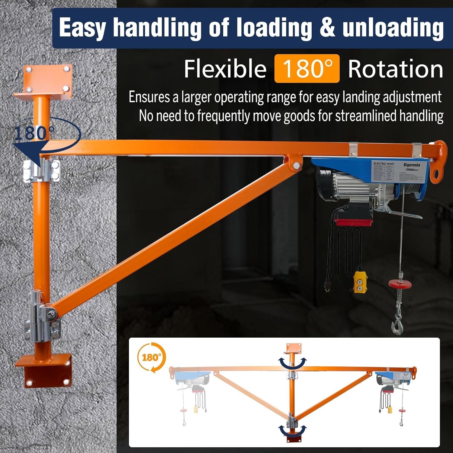 Wall Mount Jib Crane,All Steel Construction,660lbs Max Load Capacity,180 Degree