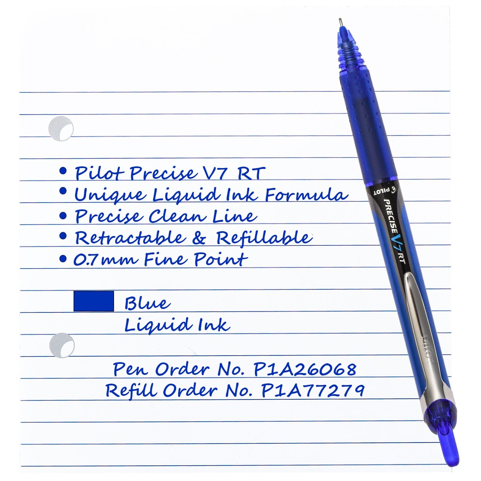 Pilot Precise V7 RT, 3 Pens With 4 Packs of Refills, Blue Ink, 0.7mm Fine Point