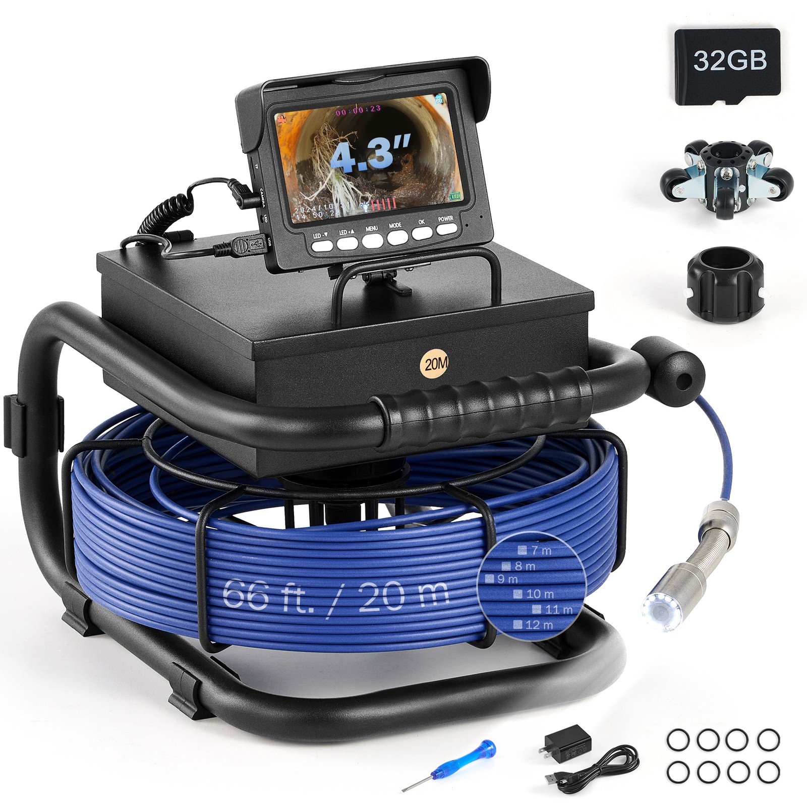 Sewer Camera 4.3 In Monitor 20M Drain Pipe Inspection Camera 32GB Meter Counter