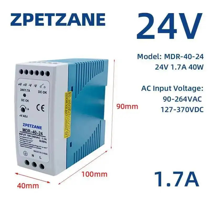 MDR-40W 60W DIN Rail Switching Power Supply SMPS 47-63Hz AC to DC 12V 24V Source