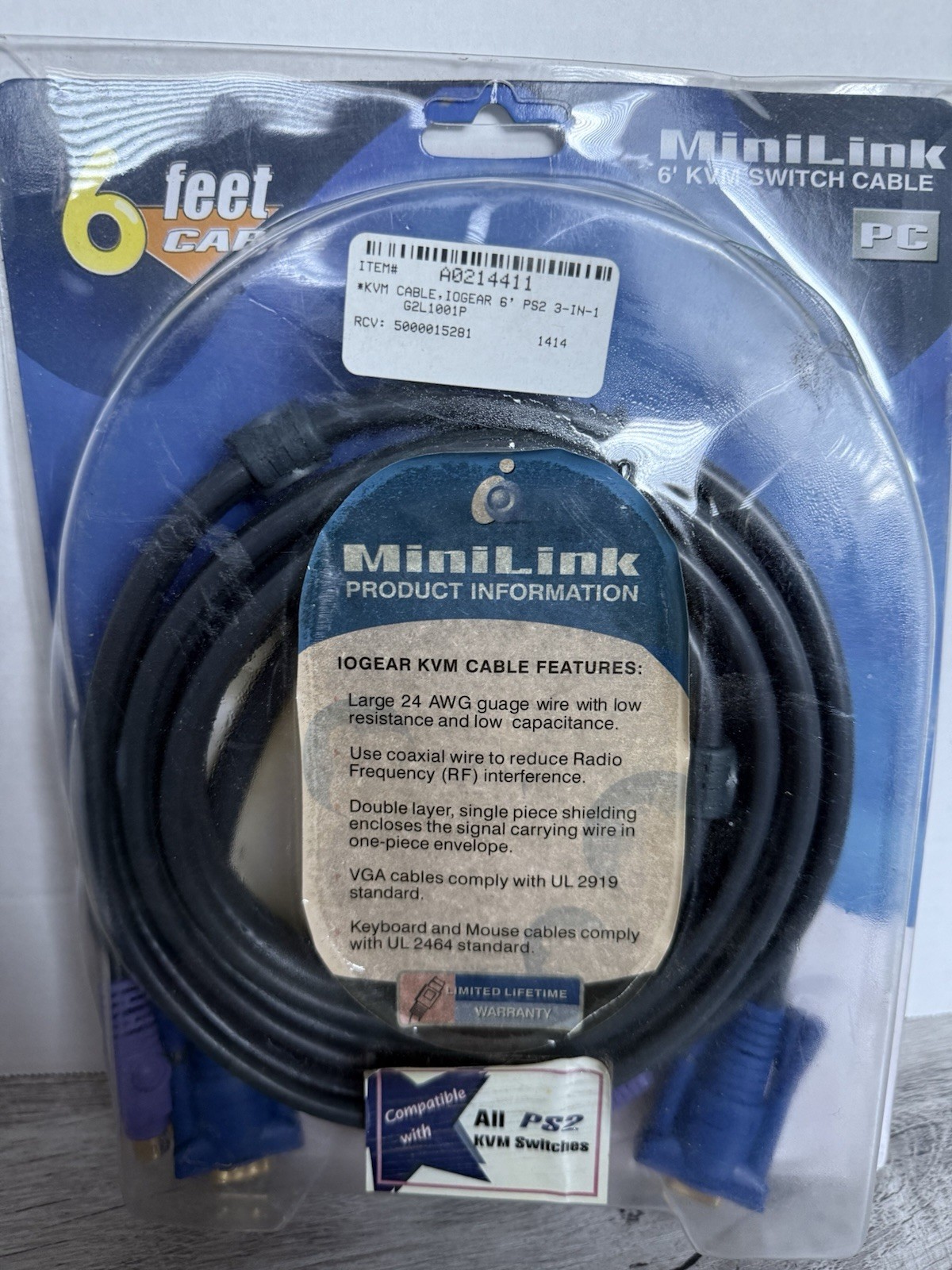 IOGEAR MiniLink 6′ PS2 KVM Switch Cable, 406723 Package Not Perfect