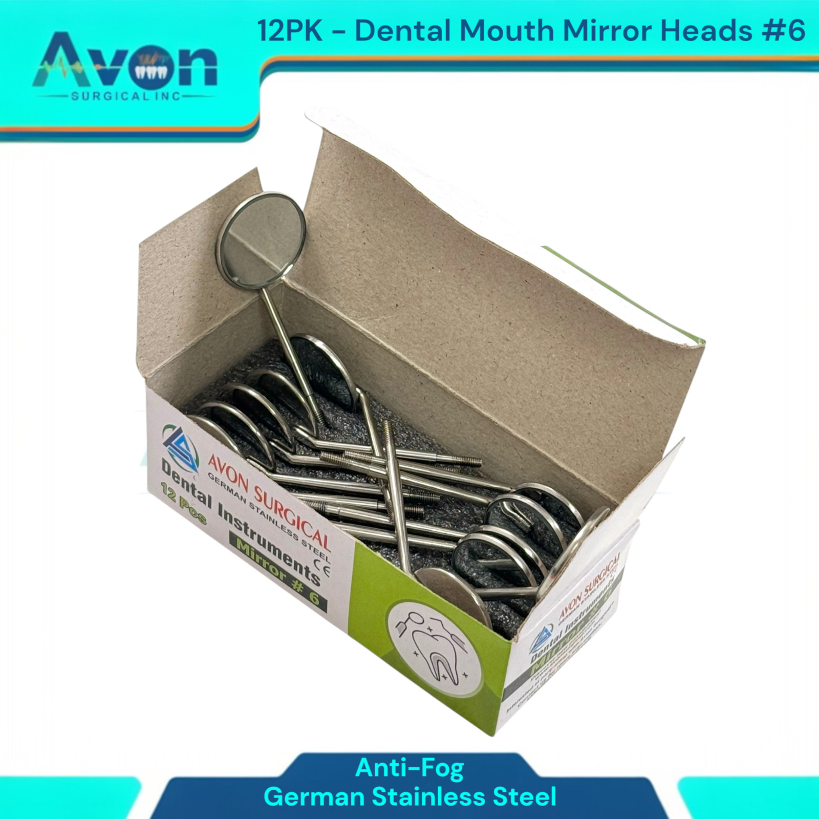 #6 Mouth Mirror Heads for Oral Examinations, Cone Socket, Anti-Fog – Pack of 12