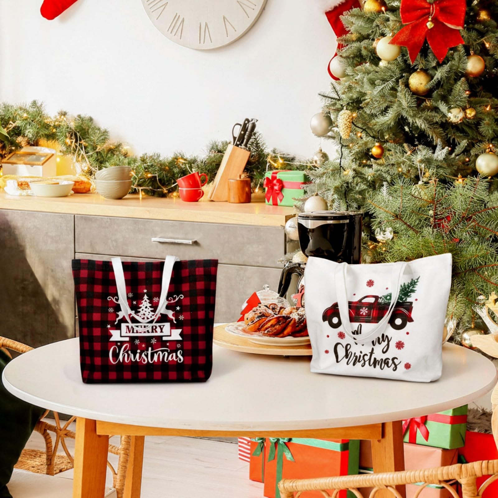 Bencailor 2 Pcs Christmas Canvas Tote Bags Classic Christmas, Red and Black