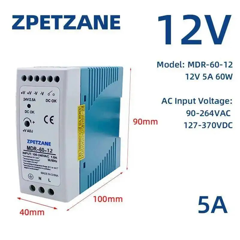 MDR-40W 60W DIN Rail Switching Power Supply SMPS 47-63Hz AC to DC 12V 24V Source