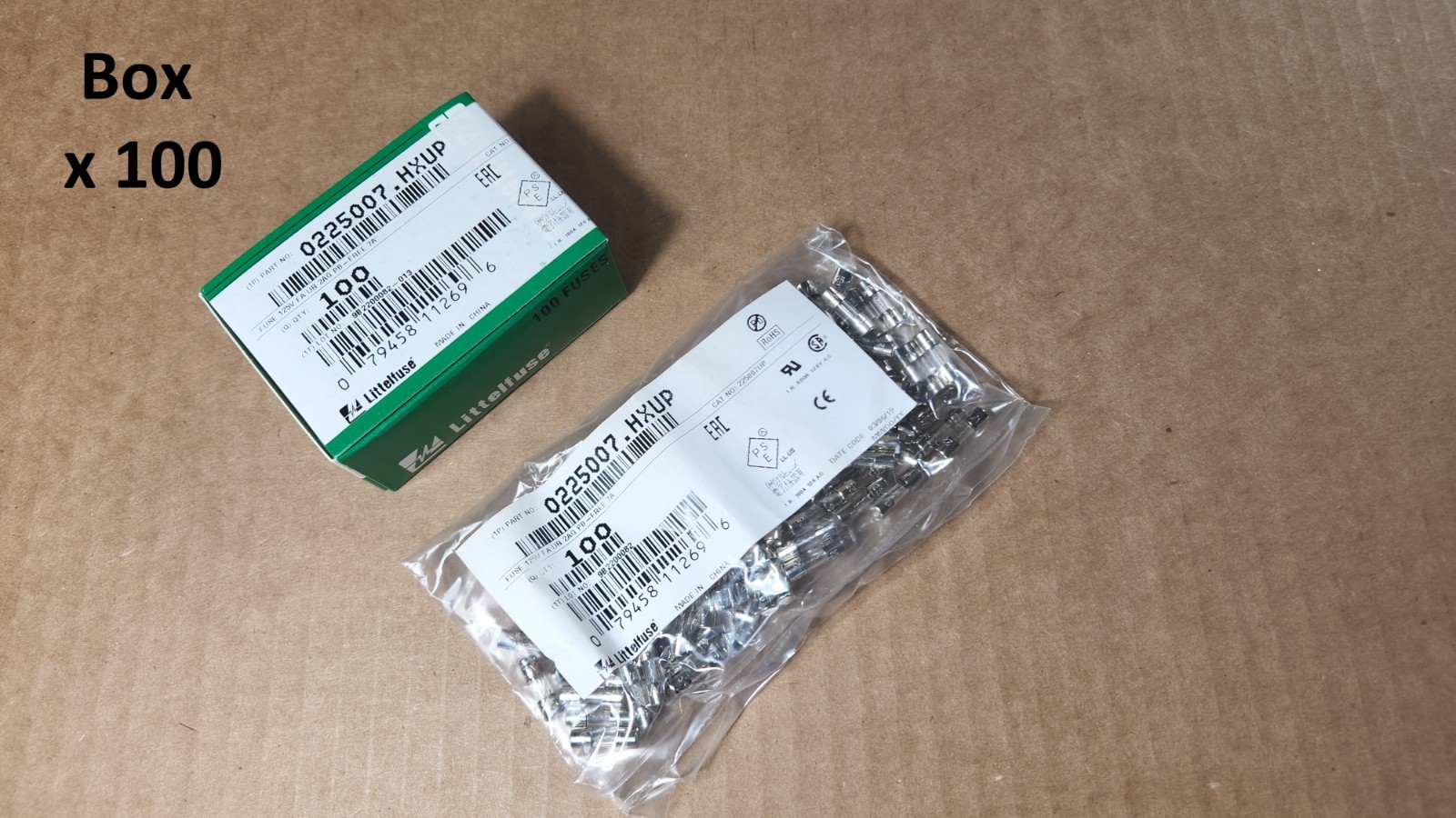 Box of 100 / Littelfuse 0225007 Fast Acting 7A 125V 2AG 5mm x 15mm 0225007.HXUP