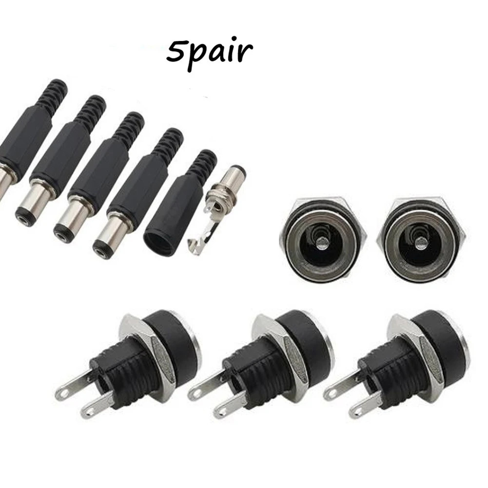 5 Pair DC 12V Male Female Socket Panel Mount Barrels Jack Plug Power Connector F