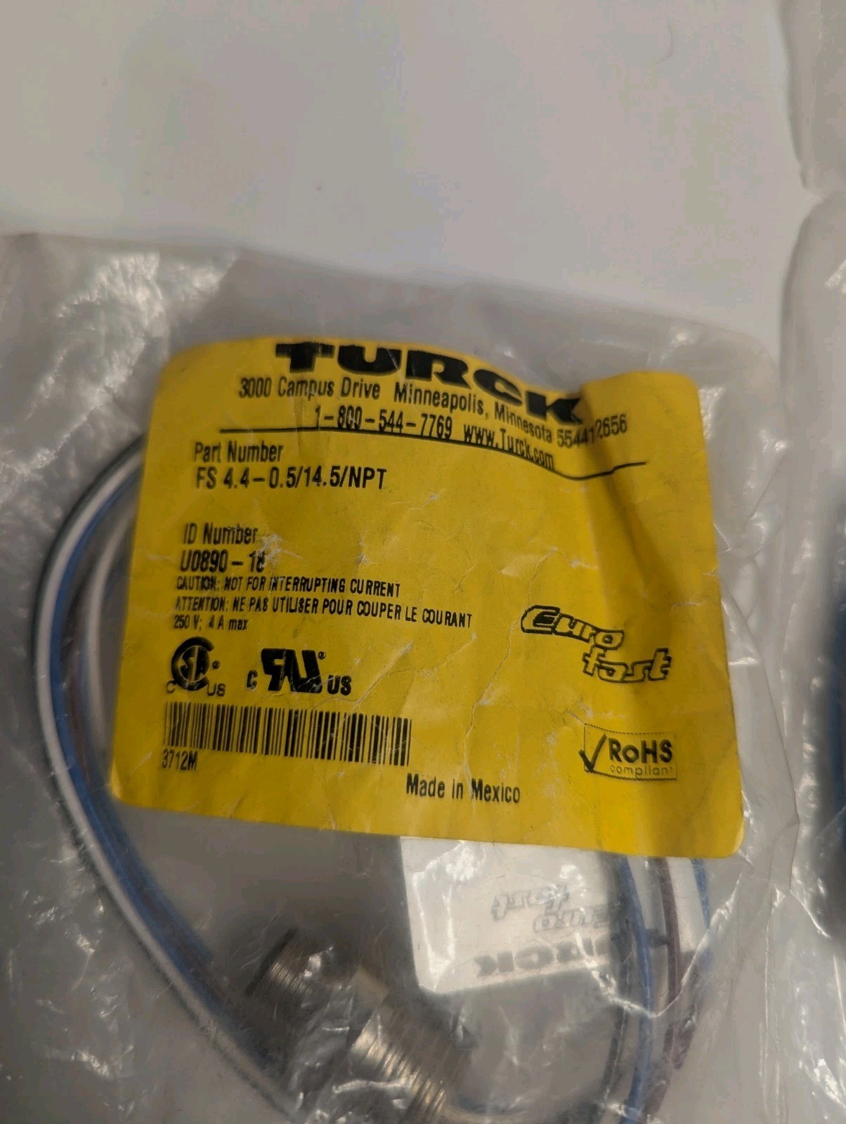 NEW LOT OF 2 GENUINE TURCK FS 4.4-0.5/14.5/NPT EURO FAST CONNECTOR U0890-18