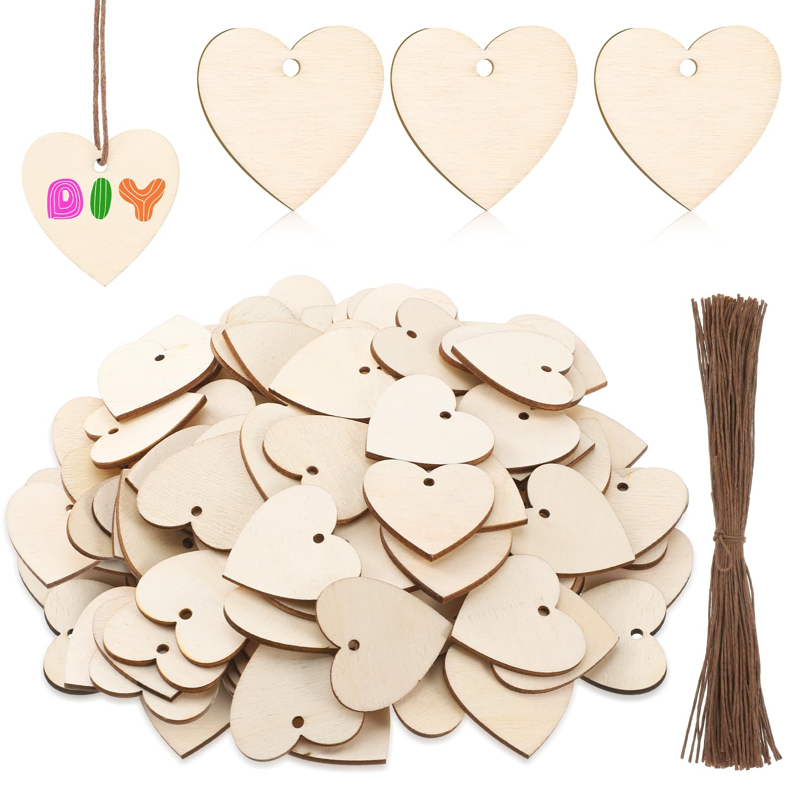 Wooden Hearts for Crafts 100pcs 1.3 Inch Unfinished with Holes DIY Wedding Decor