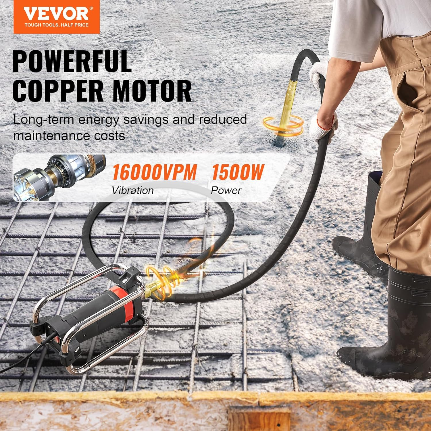 Concrete Vibrator, 1300W Power, 16000 Vibrations per Minute, Durable 2HP Copper