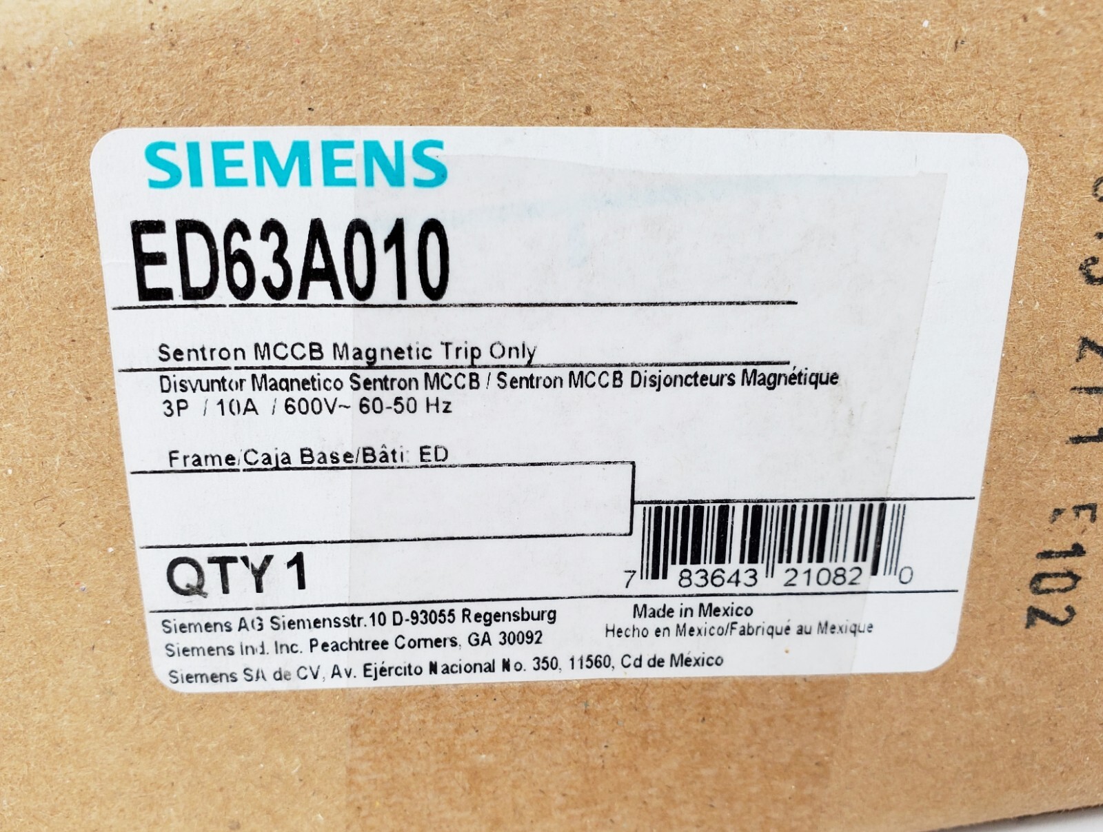 Siemens ED63A010 Circuit Breaker Sentron 10A 600VAC 3P, New!