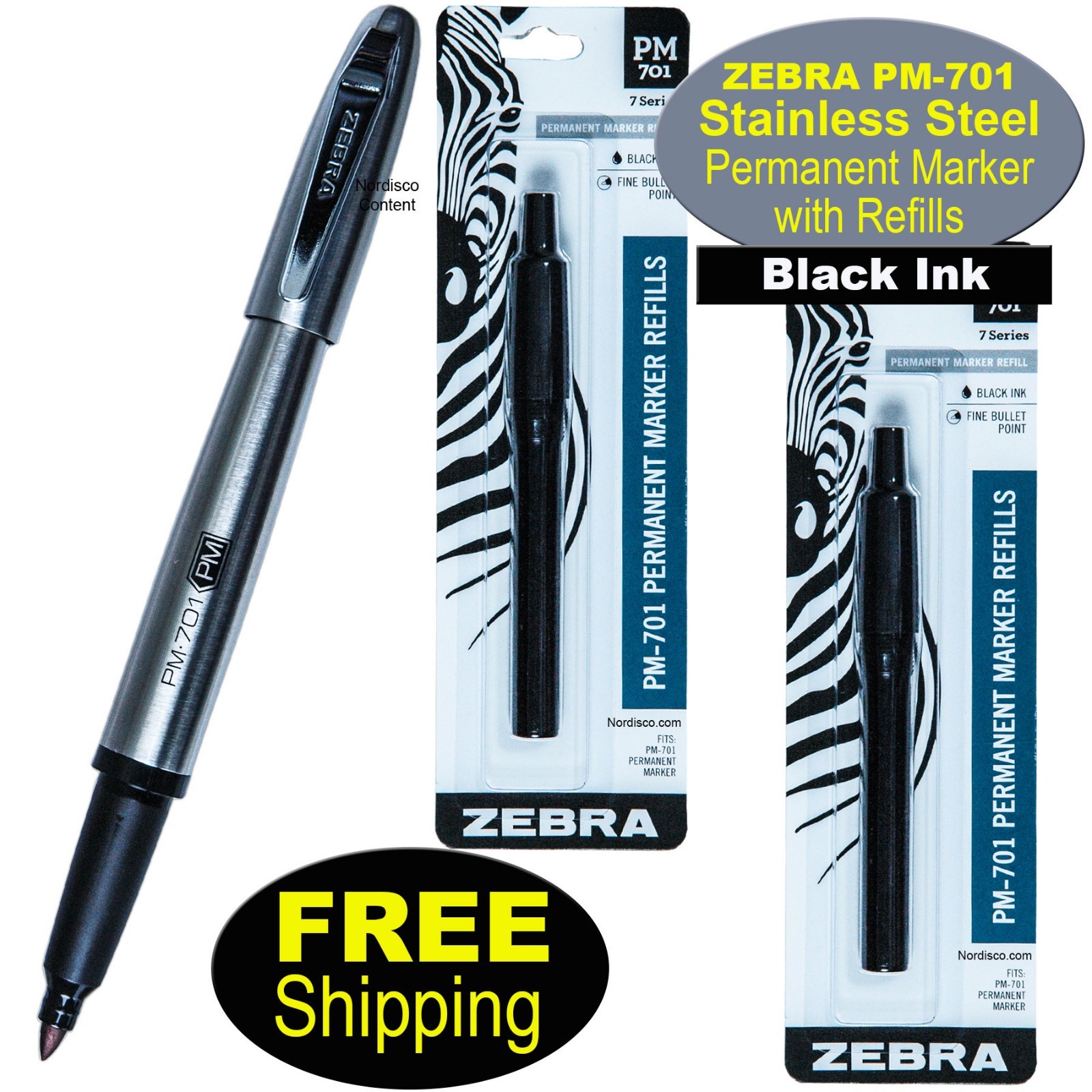 Zebra 65111 PM-701 Black Ink Stainless Steel Permanent Marker With Refills