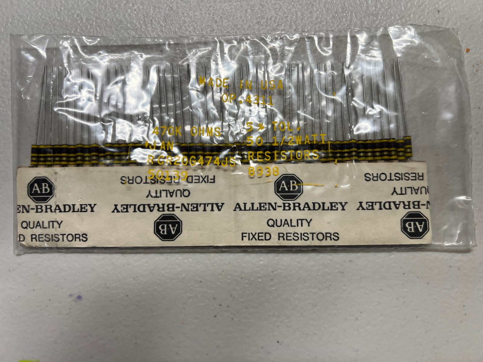 50X/Bag of Allen Bradley RCR20G474JS, 470K 0.5W 5% Carbon Composition Resistor.
