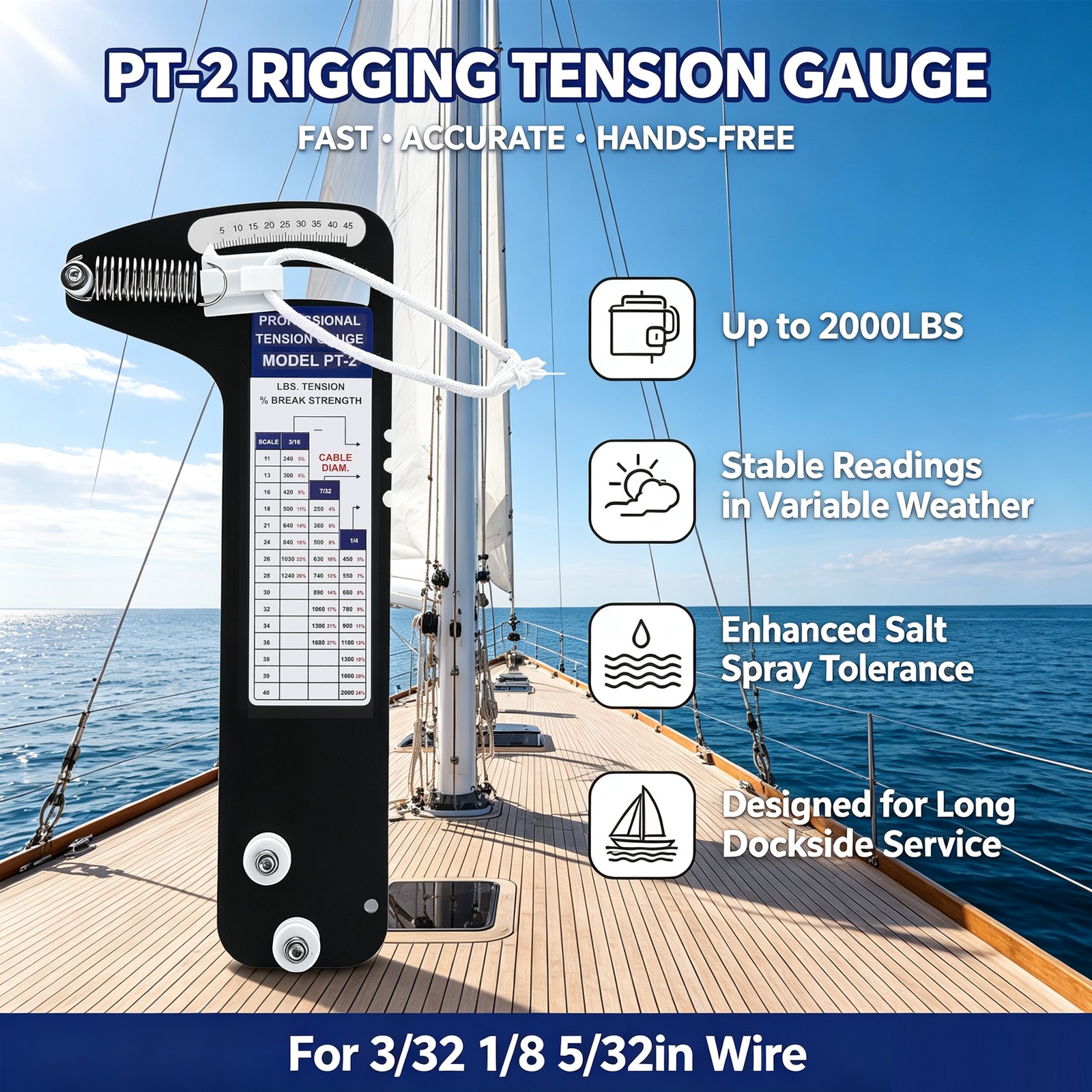 PT-2 Sailboat Rigging Tension Gauge, Professional Hands-Free Force Gauge, New