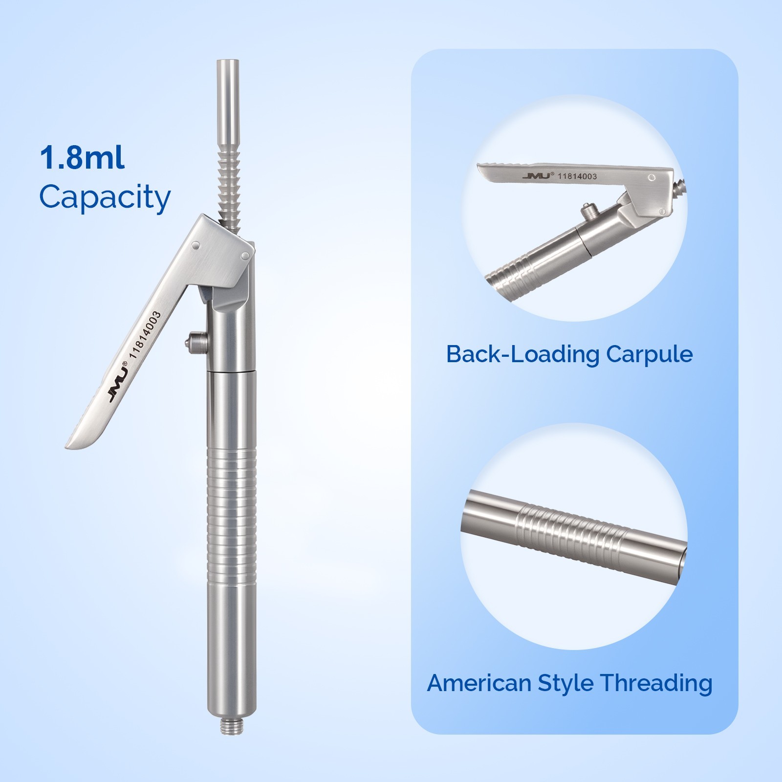 JMU 1.8ml Dental Aspirating Syringe Stainless Steel Reusable Anesthesia Tool
