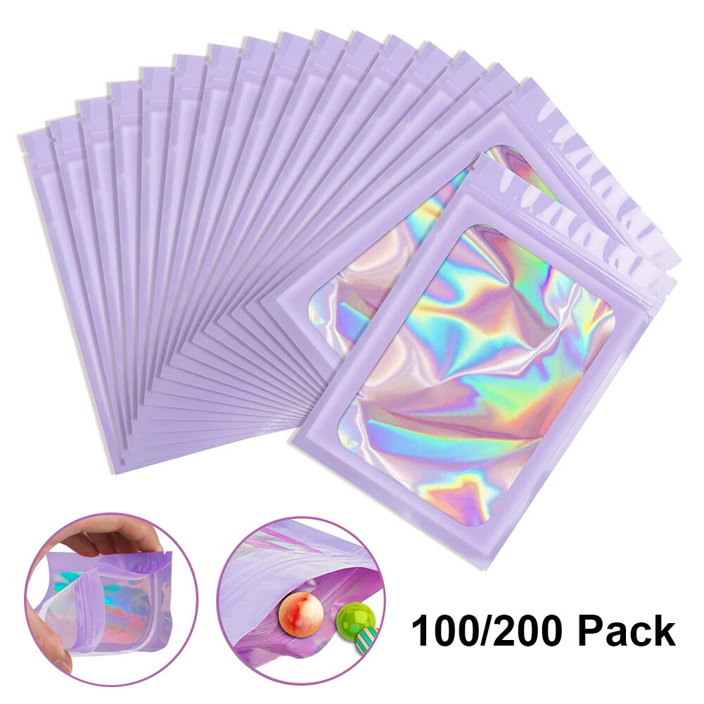 100/200 Smell Proof Mylar Bags Holographic Resealable Foil Pouch Zip Bags Purple