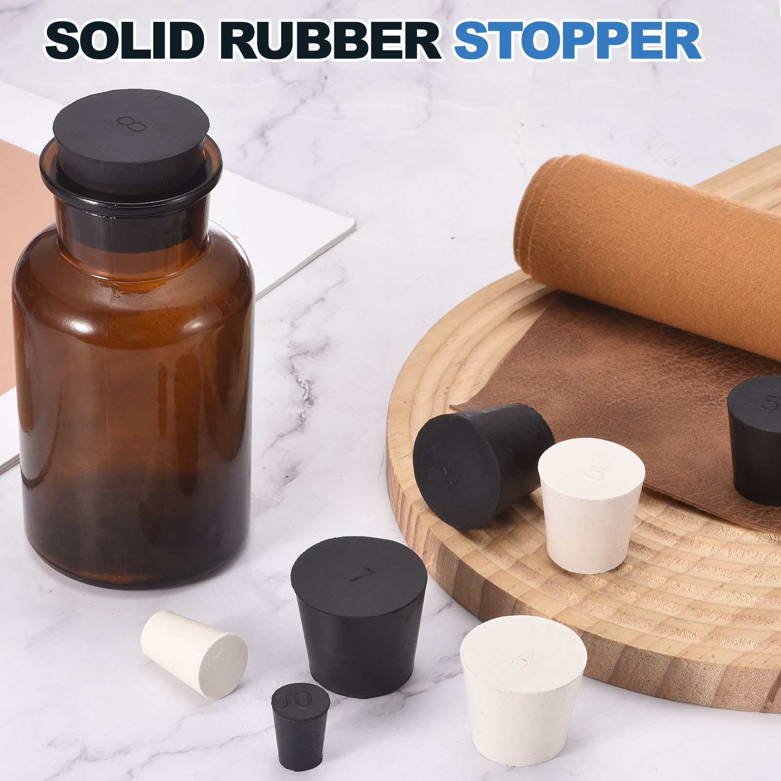 12 Pcs Solid Rubber Stopper Size 8#-42mm x 33mm – 30mm Long, Black/White
