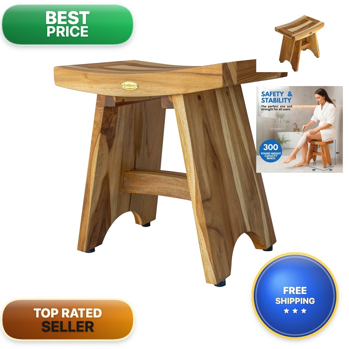 EcoDecors 18-Inch Teak Shower Stool 300 lb Capacity