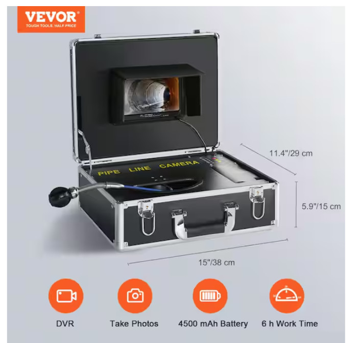 Vevor Sewer Pipeline Inspection Camera 7 in. Screen 98 ft with DVR 16GB SD Card