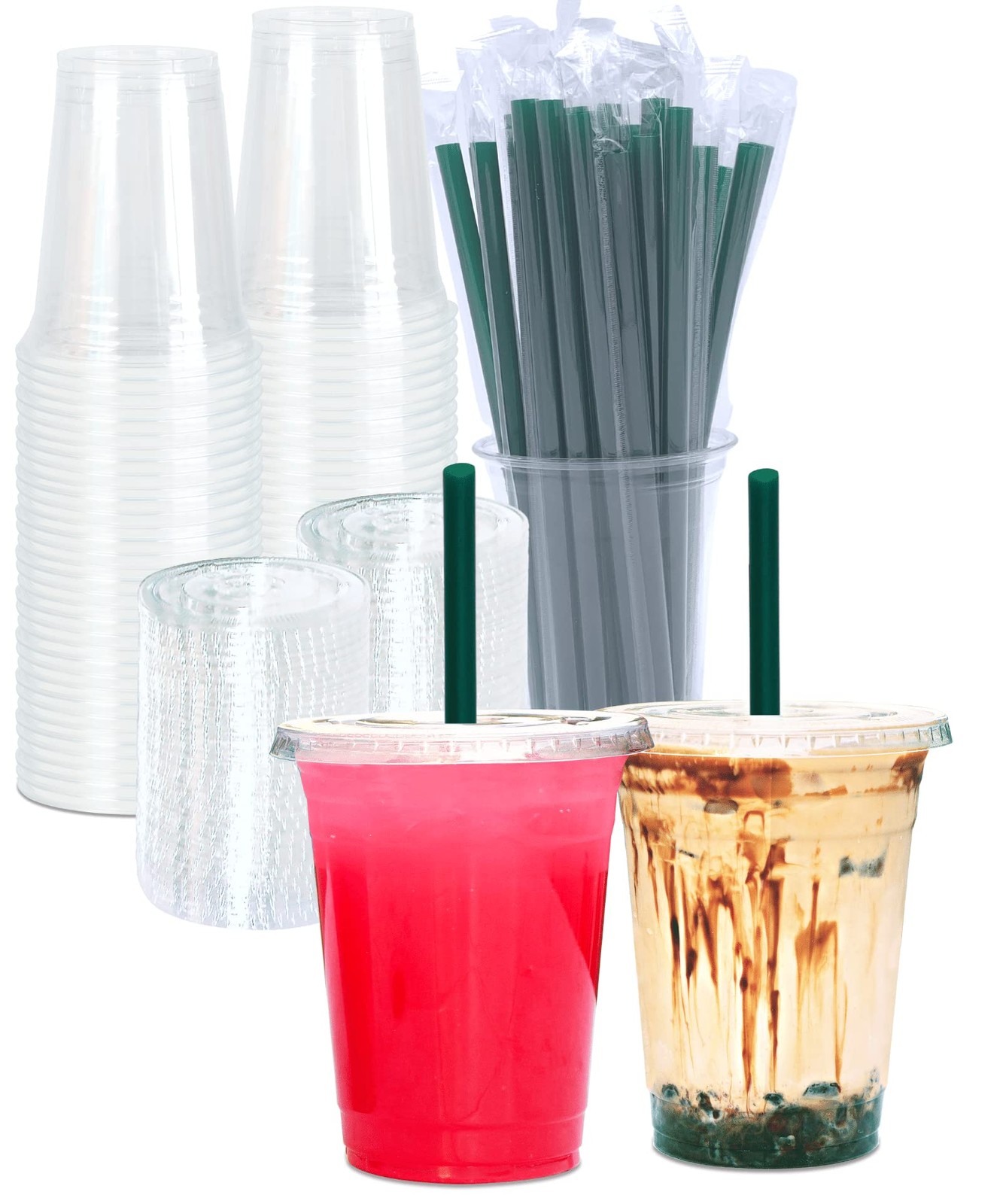 16 oz Clear Plastic Cups with Lids and STRAWS, Disposable Drinking Cups for Cold