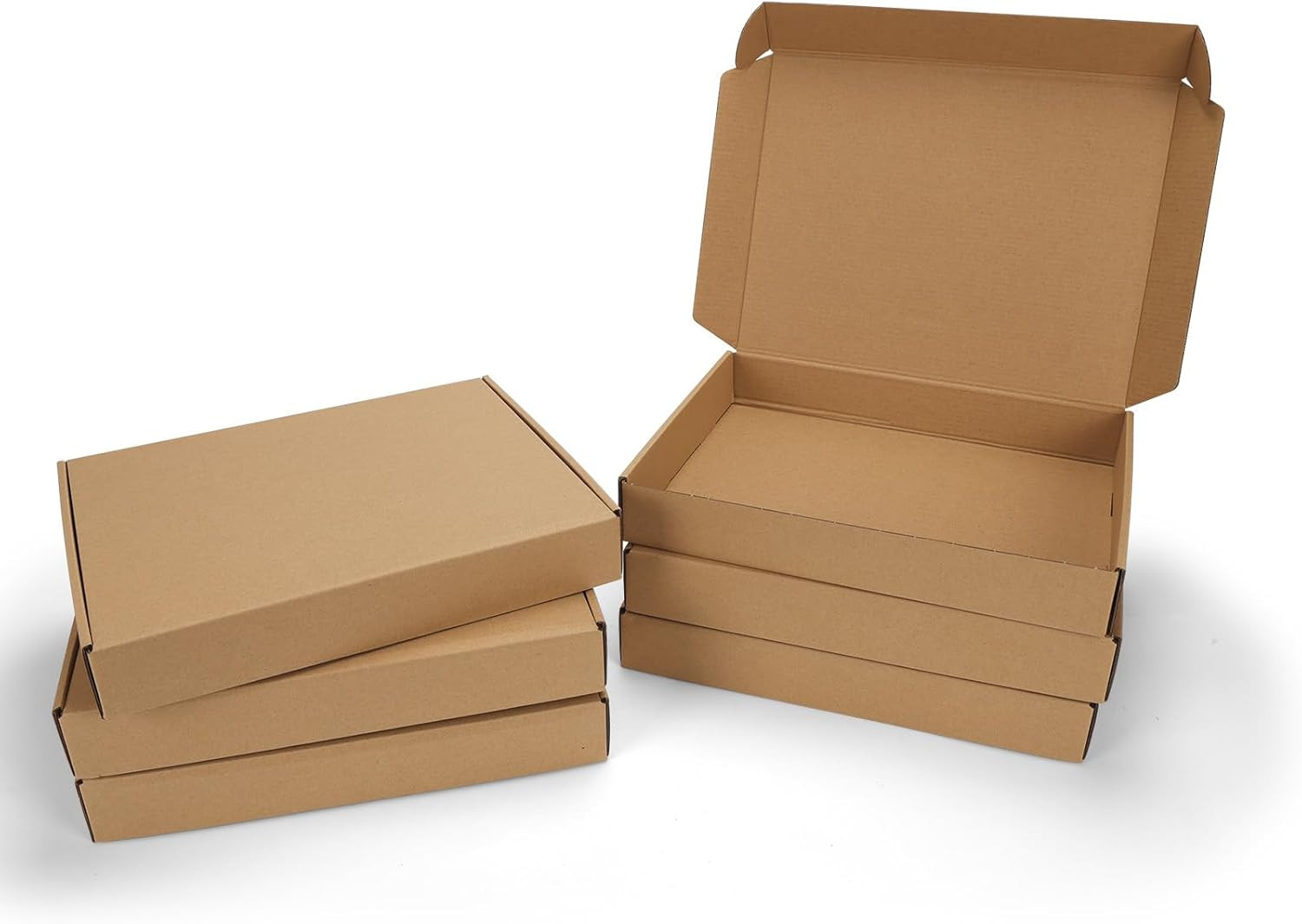 Set of 6 Brown Cardboard Shipping Boxes, 13x10x2 Inch, Easy Fold & Lock