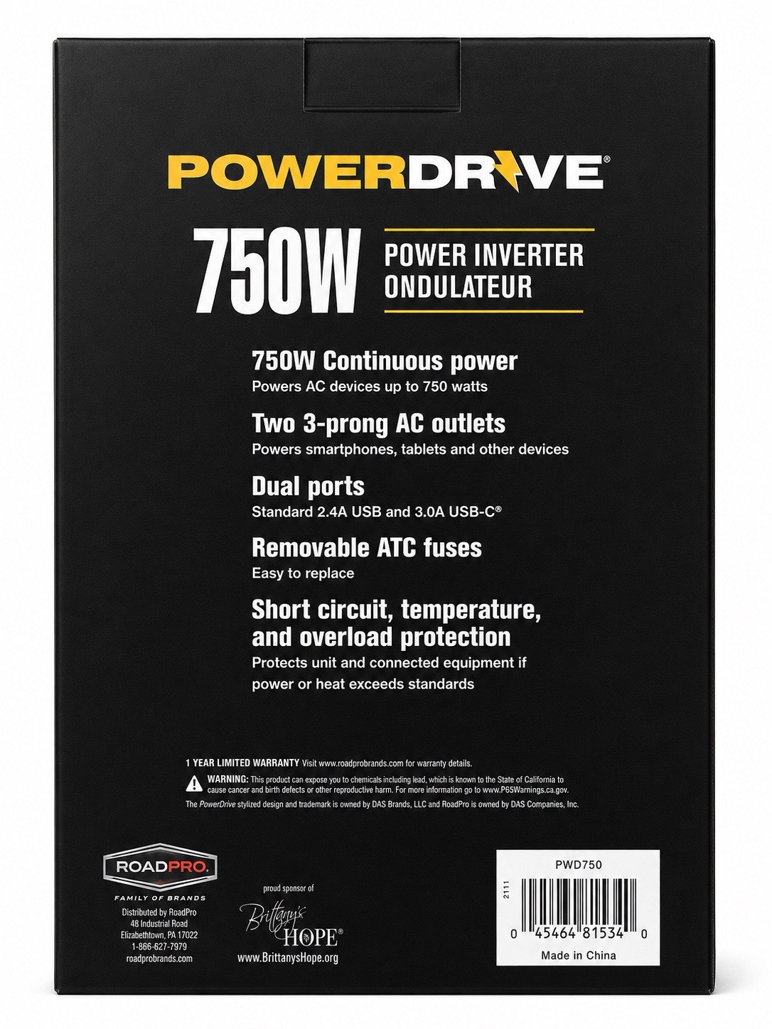 PowerDrive PWD750 750W Power Inverter 12V DC to 110V AC 2 AC USB-C USB NEW