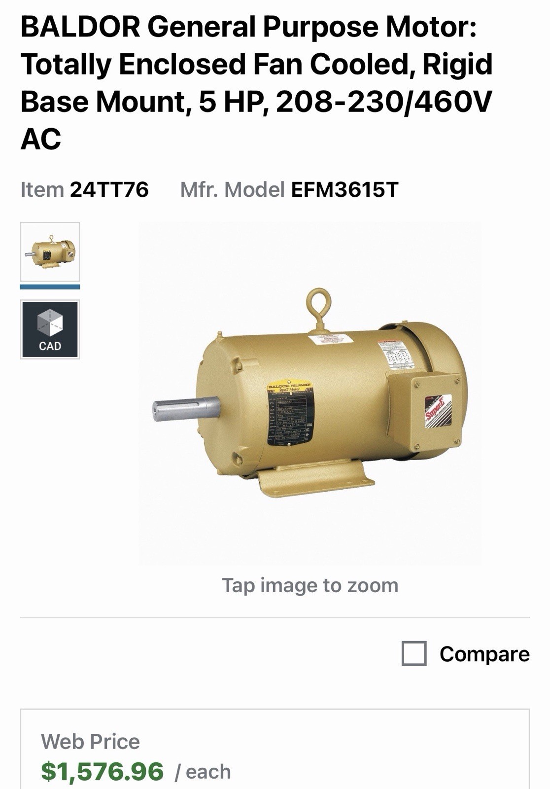 Baldor-Reliance Efm3615t Three-Phase General Purpose Motor 5 Hp 184T Frame No 📦