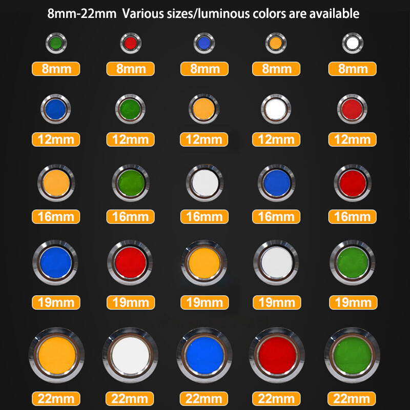 LED Indicator 8/12/16/19/22mm Waterproof Metal Pilot Dash Light Panel Lamp AC/DC